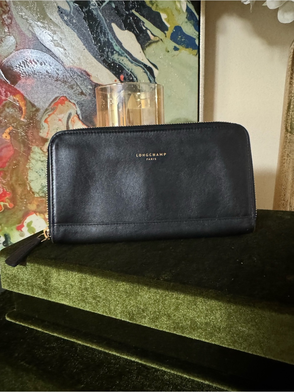 Longchamp Black Leather Zip Around Wallet with Gold Logo